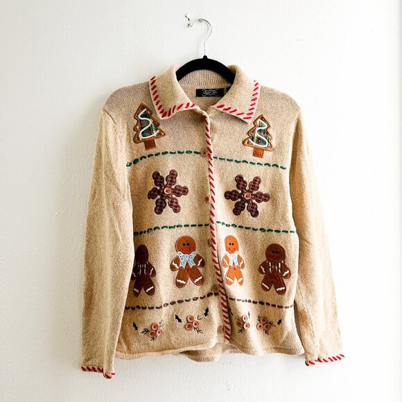 VINTAGE Crystal Kobe Ramie & Cotton Knit w/Christmas Cookie Appliqué Cardigan - Picture 2 of 12